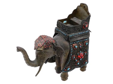 INDIAN BRONZE TURQUOSE CORAL ELEPHANT FIGURINE