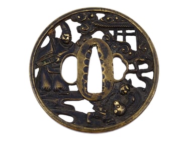 ANTIQUE JAPANESE MEIJI PERIOD BRONZE TSUBA W FIGURES