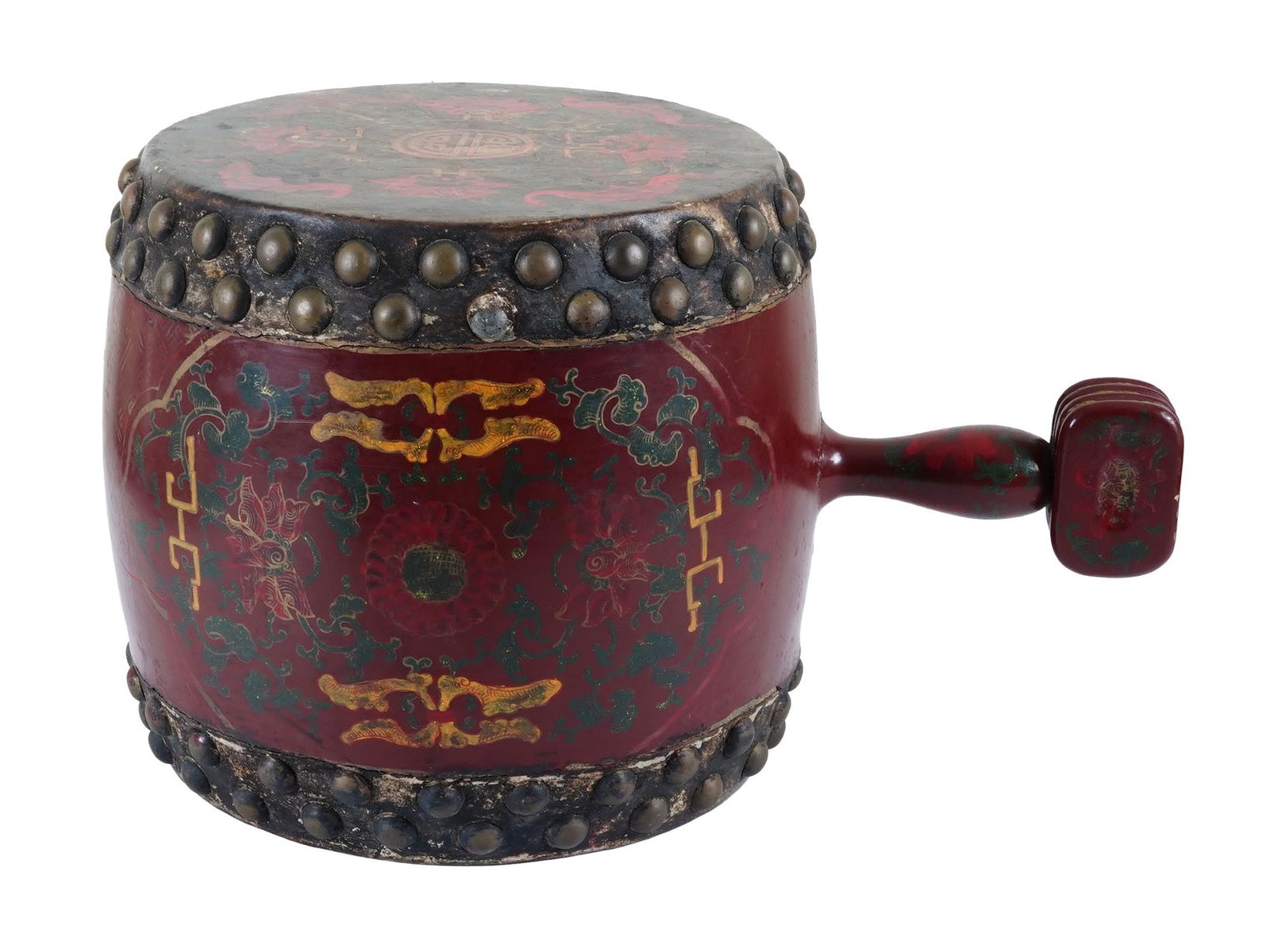 CHINESE FOLK ART HAND PAINTED DRUM WITH A HANDLE: A traditional Chinese Folk art hand painted lacquer wood drum with a handle. The drums surface is embellished with decorative motifs, including floral patterns and symbolic elements. Surrounding the d