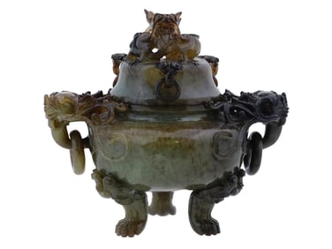 CHINESE CARVED JADE CENSER W DRAGON FOO DOG DESIGNS