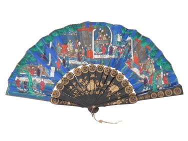 ANTIQUE CHINESE DOUBLE SIDED BLACK LACQUER FOLDING FAN