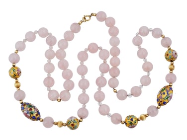 CHINESE  PINK JADE CLOISONNE BEADED NECKLACE