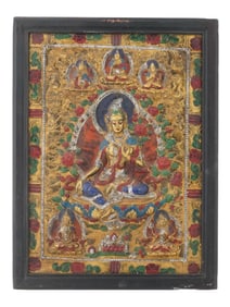 TIBETAN PAINTED AND HIGH RELIEF CARVED WOOD TANKA