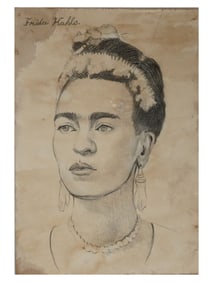 ATTR TO FRIDA KAHLO SELF PORTRAIT PENCIL PAINTING