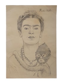 ATTR TO FRIDA KAHLO SELF PORTRAIT GRAPHITE PAINTING