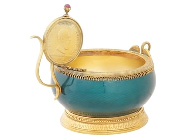 RUSSIAN SILVER GUILLOCHE ENAMEL CANDY DISH W DIAMONDS