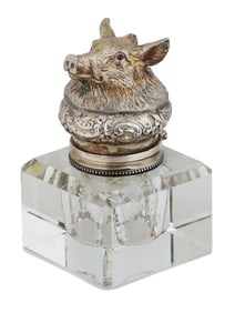RUSSIAN GILT SILVER CUT GLASS INKWELL WITH GARNETS