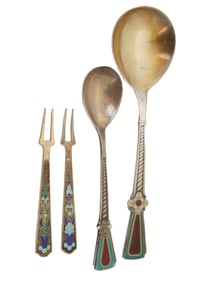 RUSSIAN ENAMEL SILVER SPOONS AND FORKS FOUR PCS