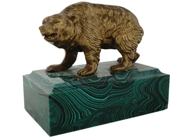 RUSSIAN BRONZE FIGURE OF BEAR ON MALACHITE STAND