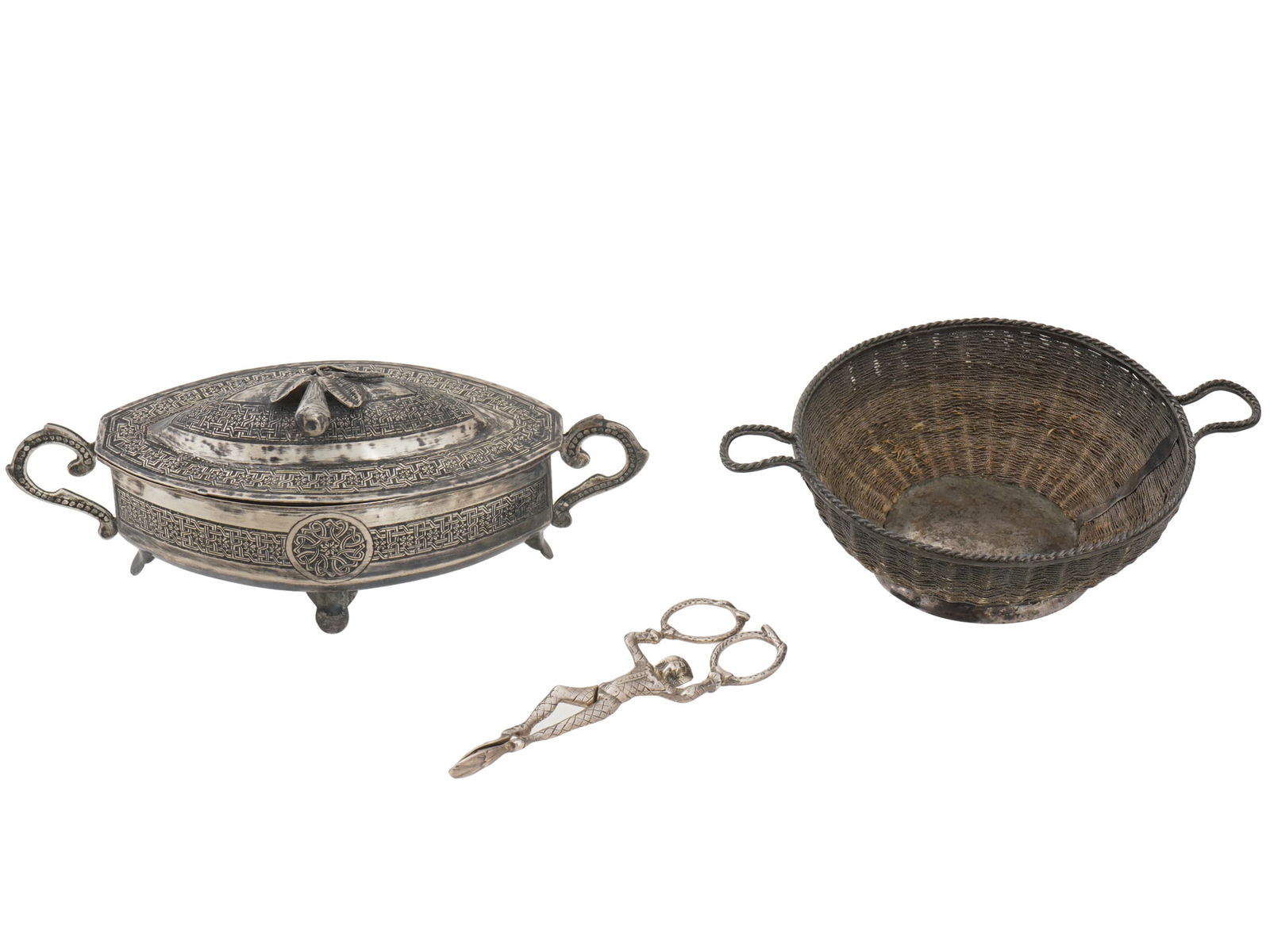 LOT OF TWO SILVER DISHES AND FIGURAL OLIVE TONGS (1 of 10)