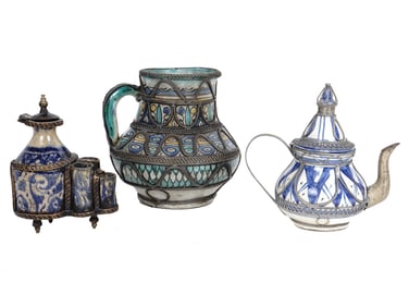 ANTIQUE MOROCCAN POTTERY WITH SILVER ALLOY DECOR