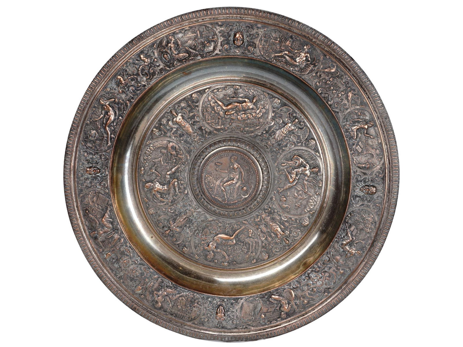 ANTIQUE ELKINGTON SILVER PLATED TEMPERANTIA BASIN: An antique Victorian silver plated Temperantia round basin, a Venus Rosewater Dish, designed by Francis Briot, 1545 to 1620. The central raised medallion with Temperance holding a wine cup surrounded