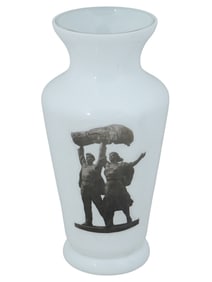 RUSSIAN SOVIET ERA MILK GLASS VASE WORKER AND FARMER