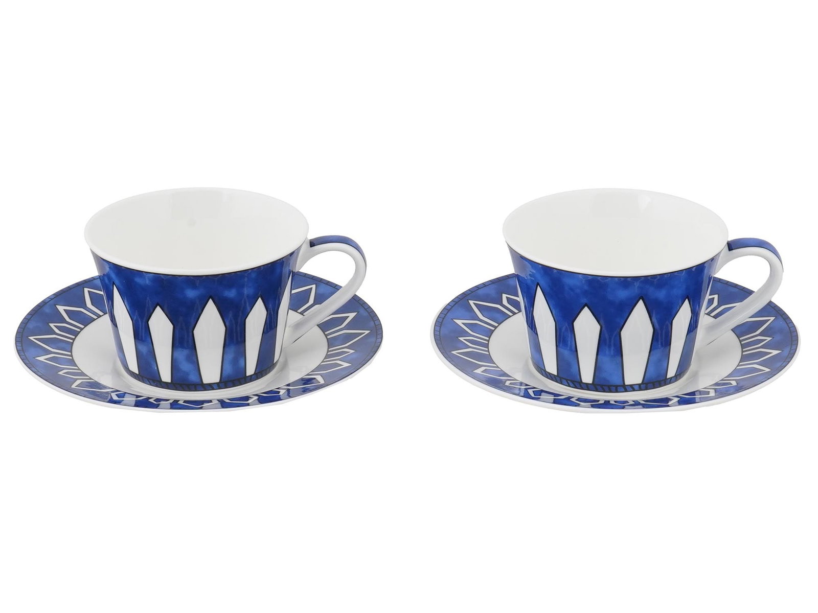 HERMES PARIS BLEUS DAILLEURS COFFEE CUPS WITH SAUCERS: A pair of French porcelain coffee cups with matching saucers from the Bleus dAilleurs collection by Hermes Paris. Each piece features hand-painted cobalt blue designs in the signature geometric and fl