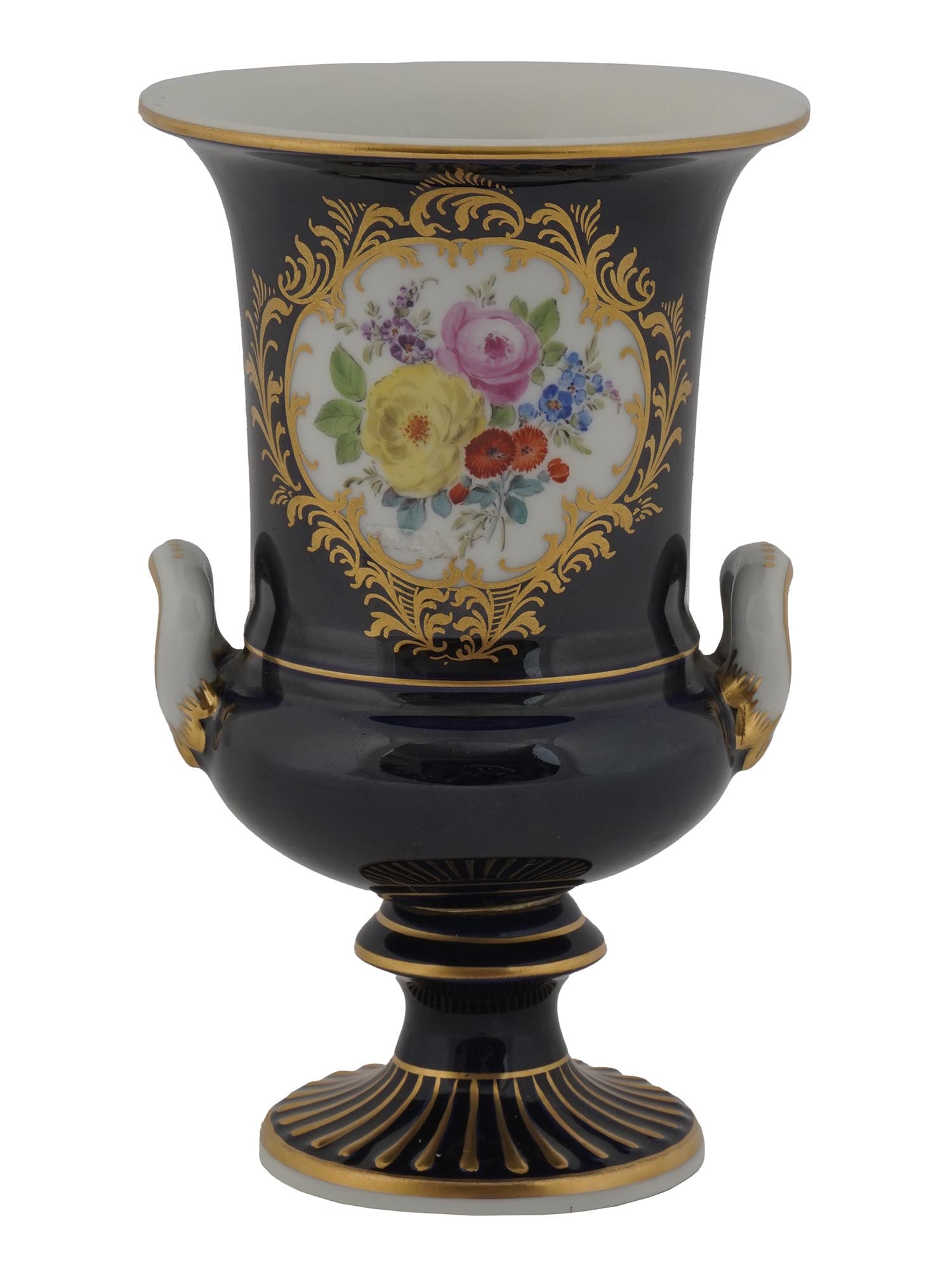 ANTIQUE GERMAN MEISSEN PORCELAIN AMPHORA VASE: An antique German Meissen enameled porcelain vase. The vase is modeled in the Greek Amphora type and adorned with a pair of handles. The exterior of the vase is adorned with a medallion with flowers,