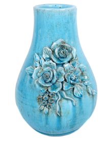 VINTAGE BLUE TURQUOISE CERAMIC VASE GLAZED