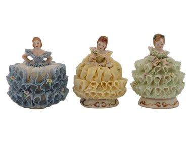 THREE IRISH DRESDEN LACE PORCELAIN GIRL FIGURINES