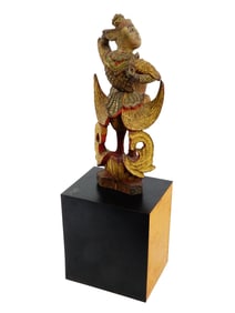 VINTAGE THAI HAND CARVED PAINTED WOOD TEMPLE FIGURE