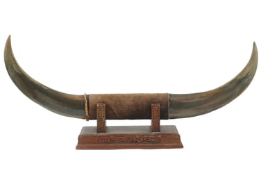 BUFFALO HORNS ON HAND CARVED WOODEN STAND