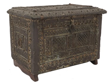 ANTIQUE HAND CHASED MOUNTED HARDWOOD CHEST W LOCK
