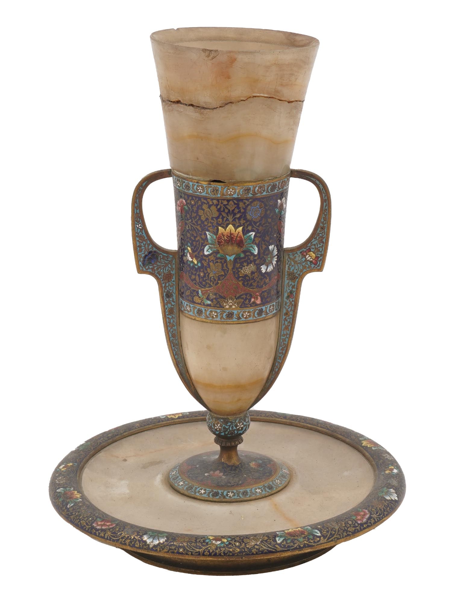FRENCH CLOISONNE ENAMEL ONYX KIDDUSH CUP W STAND: An antique French amphora shaped hand carved and enameled Onyx stone kiddush cup with a round shaped stand. The kiddush cup and the stand are enameled with blue, white, red, yellow, cobalt blue, and t