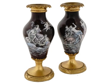 PAIR OF FRENCH LIMOGES BRONZE MOUNTED ENAMEL VASE