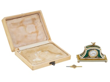 MINIATURE RUSSIAN SILVER GUILLOCHE ENAMEL CLOCK IOB