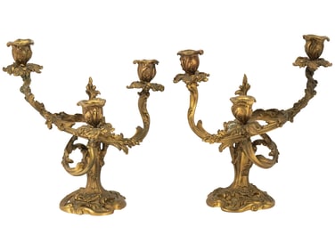 FRENCH ROCOCO MANNER GILT CAST BRONZE CANDELABRAS