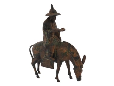 ANTIQUE JAPANESE MAN ON A DONKEY BRONZE STATUE