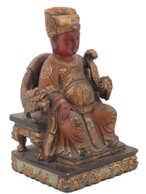 ANTIQUE CHINESE POLYCHROME WOOD FIGURE OF EMPEROR