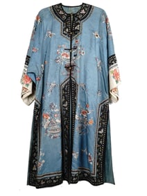 ANTIQUE CHINESE LONG BLUE SILK EMBROIDERED ROBE