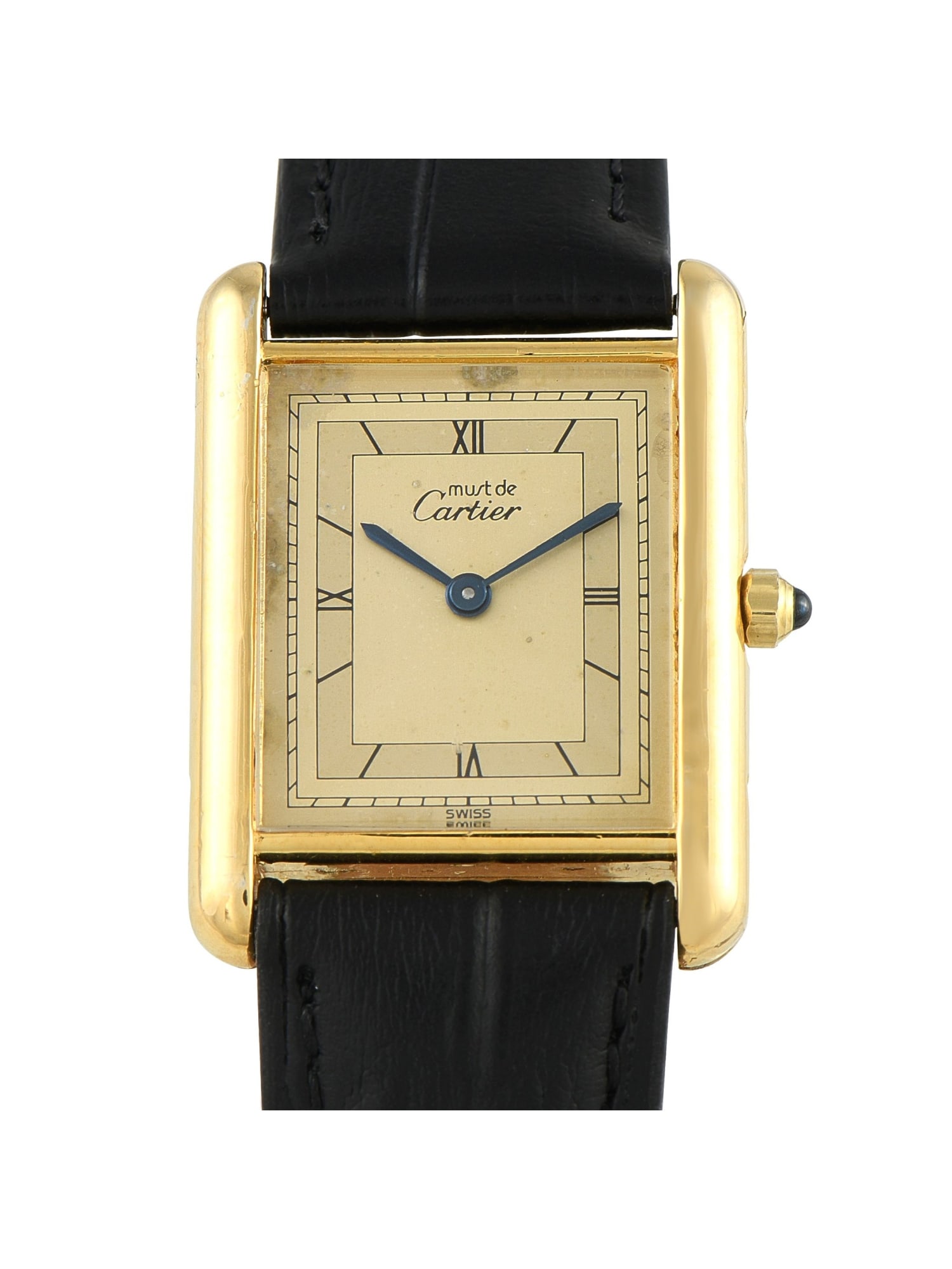 Cartier Must de Cartier Tank Vermeil Quartz Watch: A celebrated classic from Cartiers collection, here is a fine Must de Cartier Tank ladies' watch from the 1990s. The case measures 23 x 30mm and is crafted from 925 sterling silver with a gold plating