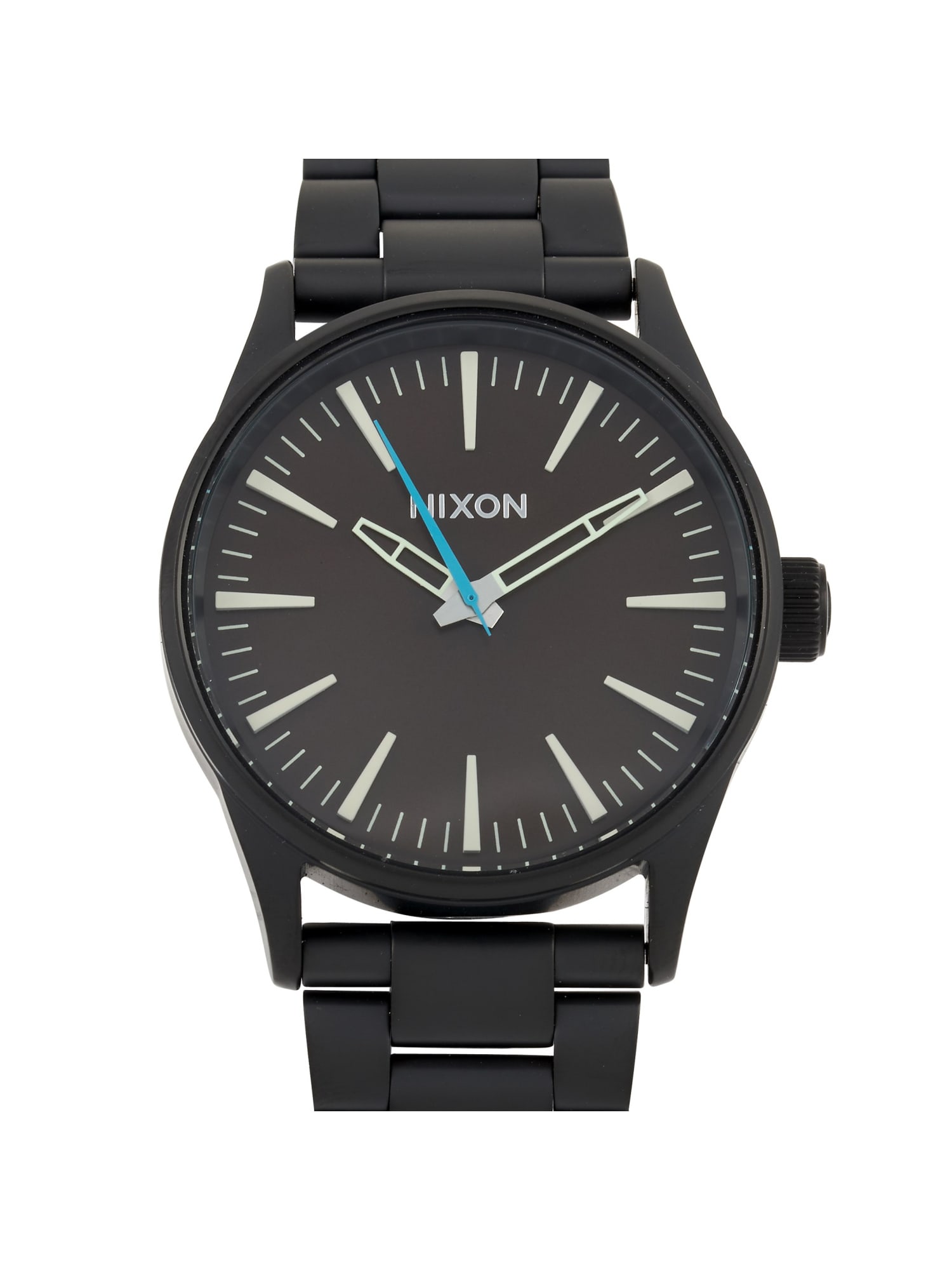 NIXON SENTRY 38 STAINLESS STEEL ALL BLACK \/ BROWN WATCH: This Nixon Sentry 38 Stainless Steel All Black Brown Watch, reference number A450-7121, comes with a black stainless steel case that measures 38 mm in diameter. The case is presented on a matching bla