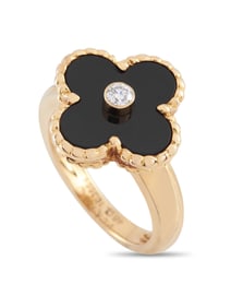 Van Cleef & Arpels 18K Gold Alhambra Onyx Diamond Ring