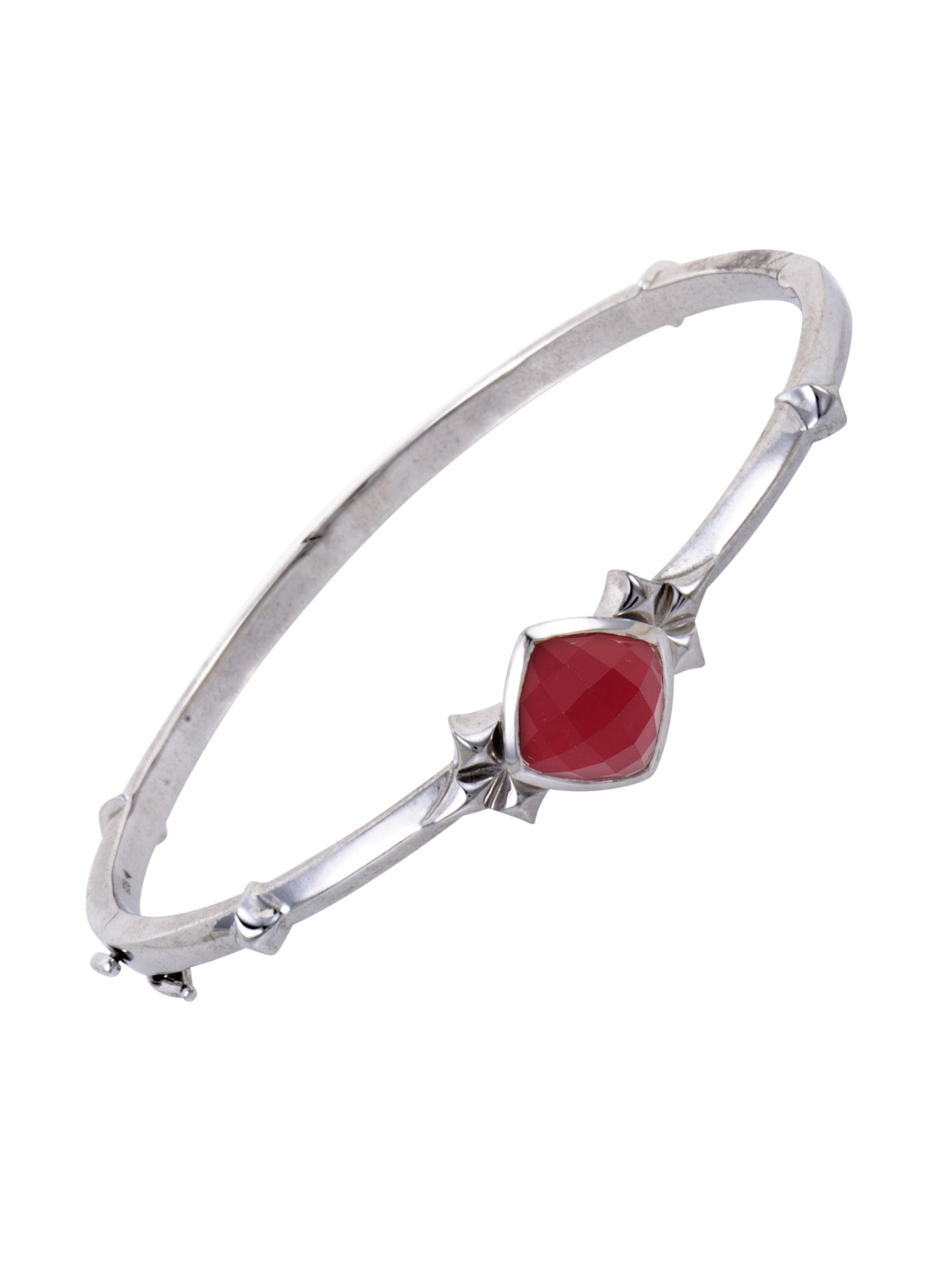 STEPHEN WEBSTER SUPERSTUD SILVER CORAL QUARTZ BRACELET: Adding fascinatingly vivid color to a gracefully subtle design, the magnificent synthesized red coral and quartz create a charming sight against the white rhodium-plated silver in this gorgeous bangle