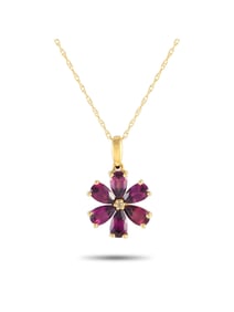 14K Gold 0.01ct Diamond and Rhodolite Flower Necklace