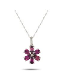 14K Gold 0.01ct Diamond and Rhodolite Flower Necklace