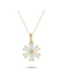 14K Gold 0.01ct Diamond and Opal Flower Necklace