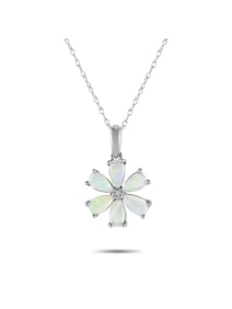 14K Gold 0.01ct Diamond and Opal Flower Necklace