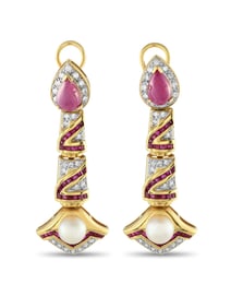 18K Gold 0.80ct Diamond, Ruby, and Pearl Drop Earrings