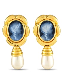 18K Gold Cameo and Pearl Earrings
