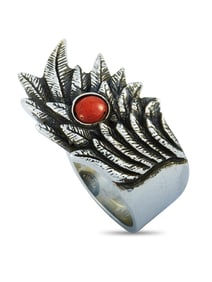 King Baby Raven Wing Sterling Silver and Coral Cabochon Ring