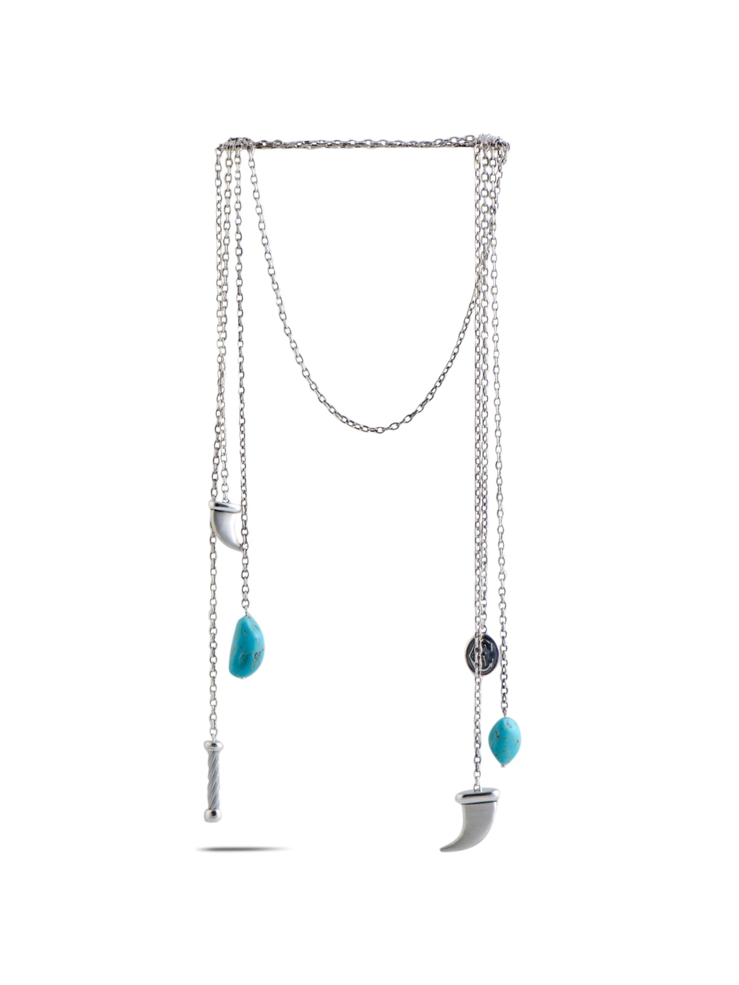 CHARRIOL KUCHA ST. STEEL TURQUOISE HORN PENDANTS NECKLACE: Embellished with attractive pendants and enticing turquoise stones, this extraordinarily designed Kucha necklace from Charriol offers an intriguingly fashionable look. The necklace is beautifully made