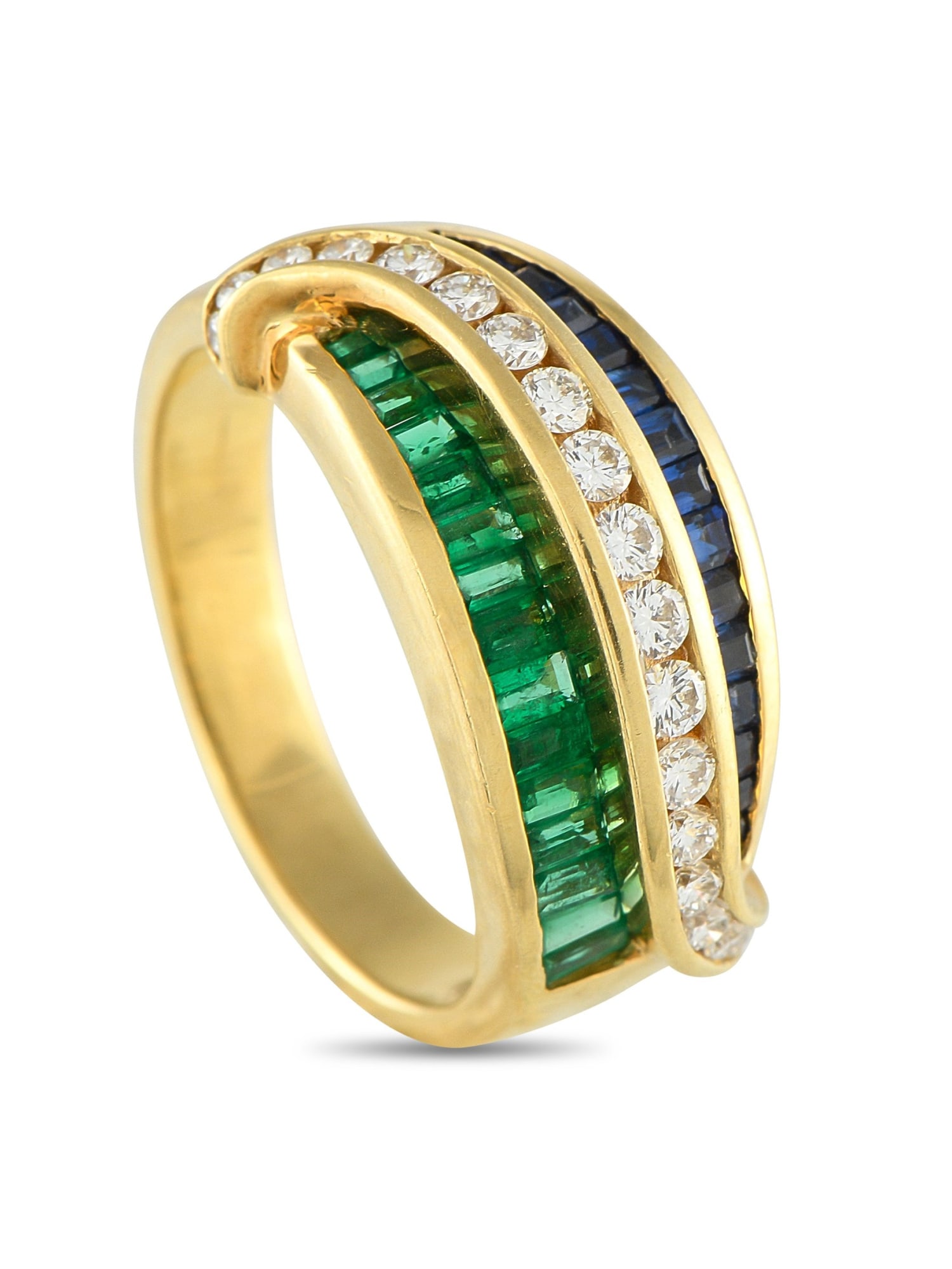 CHARLES KRYPELL 18K GOLD DIAMOND EMERALD AND SAPPHIRE RING: Add an opulent splash of color to any ensemble with this Charles Krypell ring. A series of sparkling Diamonds with a total weight of 0.75 carats makes a statement at the center of the 18K Yellow Gold