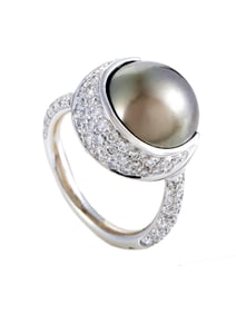 CHANEL WOMENS 18K GOLD DIAMOND BLACK TAHITIAN PEARL RING