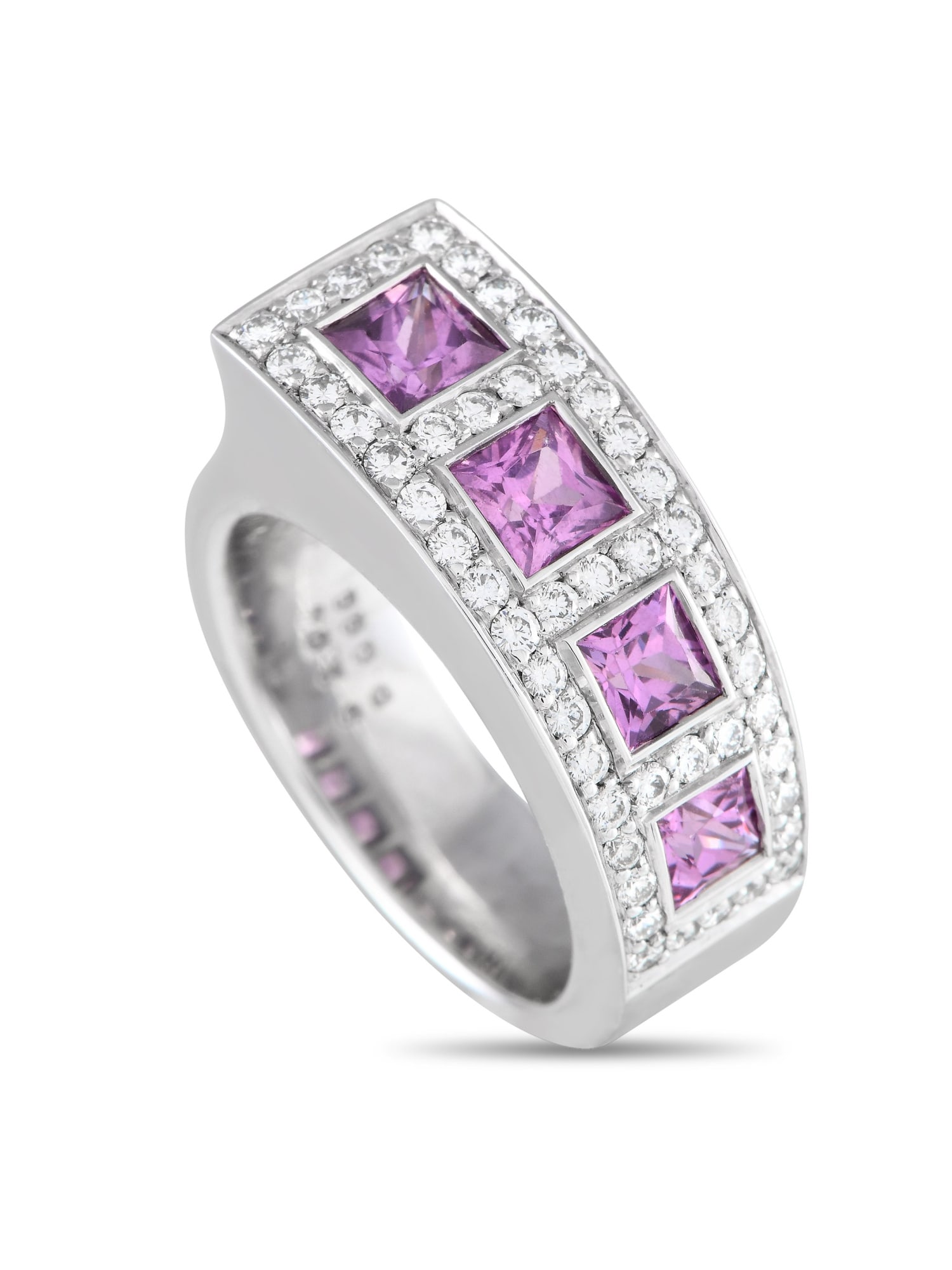 Bucherer 18K Gold 0.65ct Diamond and Sapphire Ring: A series of four pink sapphire gemstones totaling 2.13 carats serve add the perfect pop of color to this impressive Bucherer ring. Elevated by diamond accents with a total weight of 0.65 carats, the 1