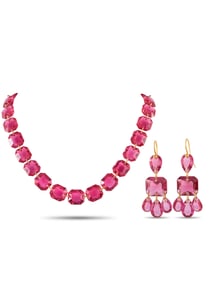 Baccarat 18K Gold Red Crystal Necklace and Earrings Set