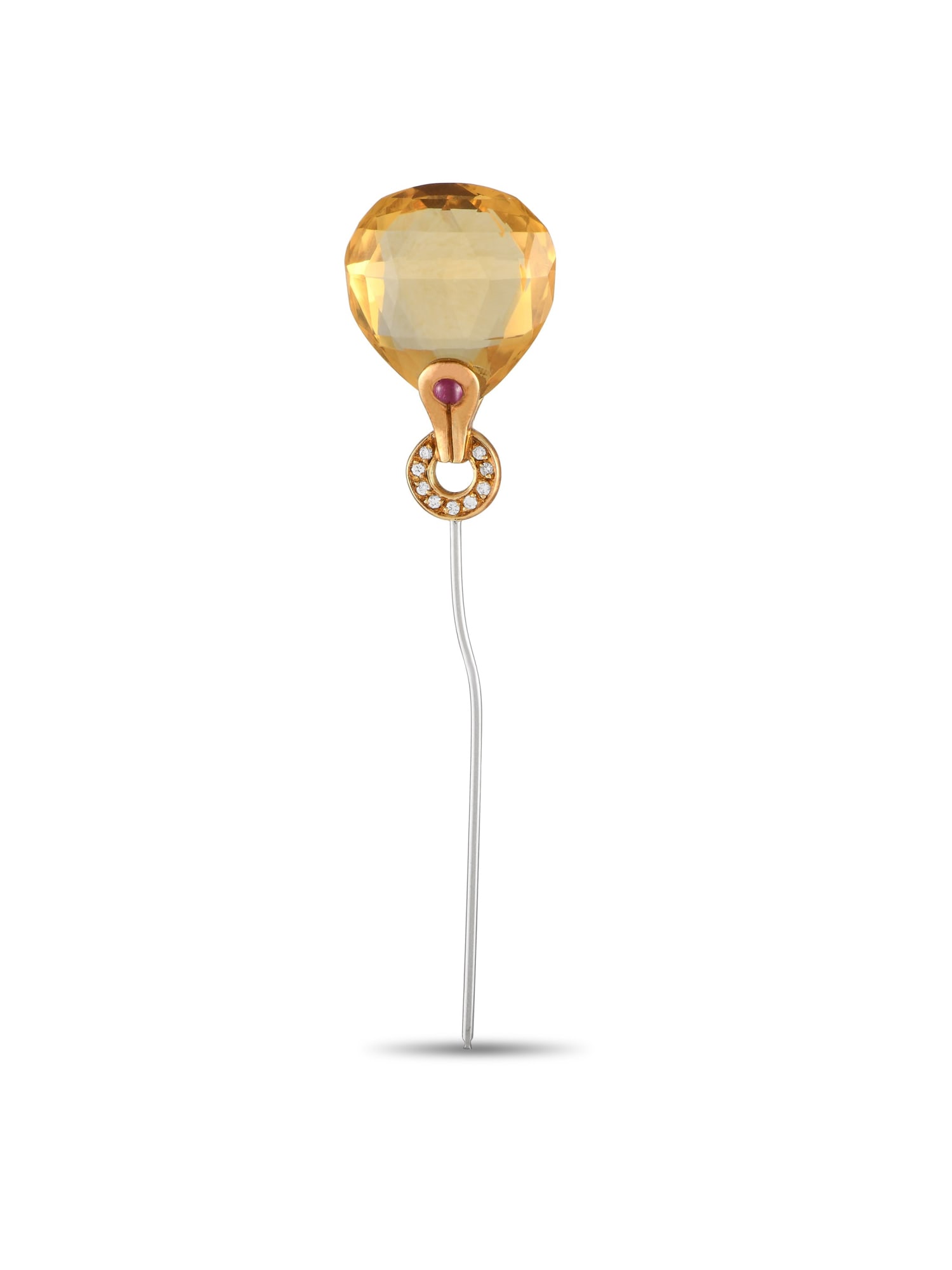 Antonini 18K Gold Gemstone Pin: A delightful, wonderfully-cut citrine stone takes the central spot of this enchanting pin from Antonini, set on a delicate 18K yellow gold base embellished with diamonds and a strikingly contrasting r