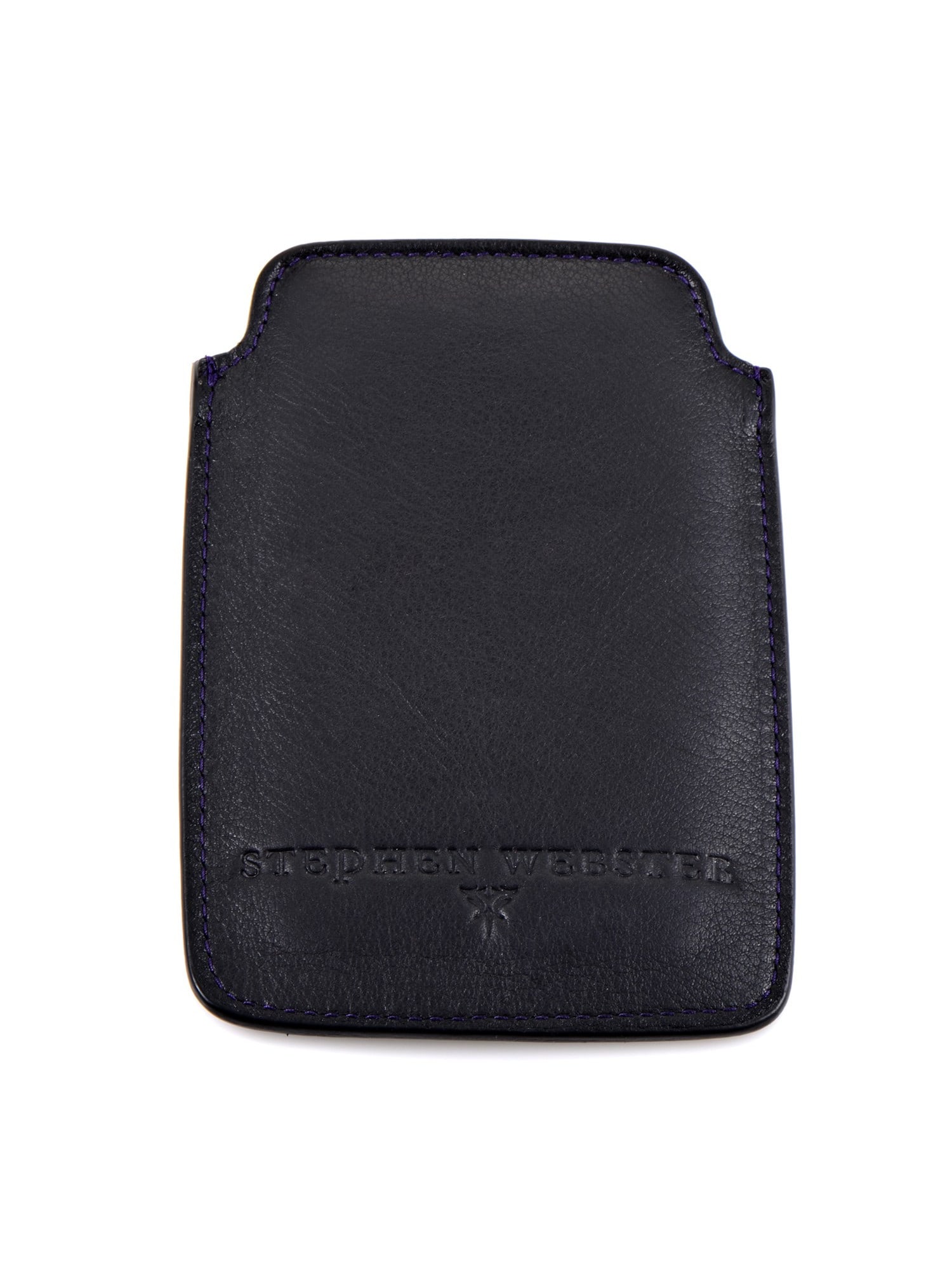 Stephen Webster Calfskin Leather iPhone Case: With stitching in royal violet nuance and marvelous imprint on the back adding a subtle aesthetic touch to the black leather, this exceptional iPhone case from Stephen Webster is a tasteful and reliab