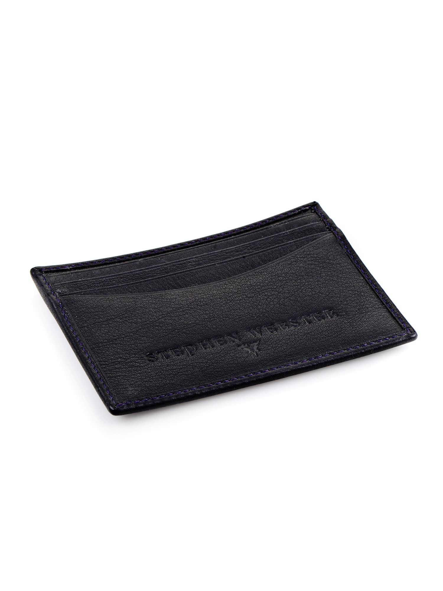 Stephen Webster Calfskin Leather Cardholder: Practical and elegant, this stunning card holder from Stephen Webster is a tasteful item of immense quality, made of black calf leather and adorned with violet stitching while boasting marvelous impri